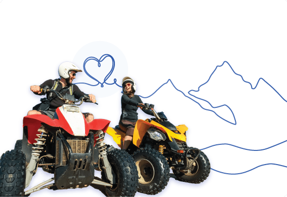 a couple of people on an atv with a blue heart