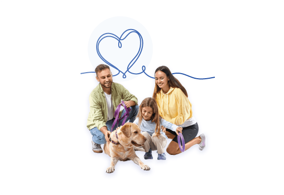 a family posing with a dog