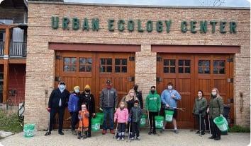 a group of people standing outside a building